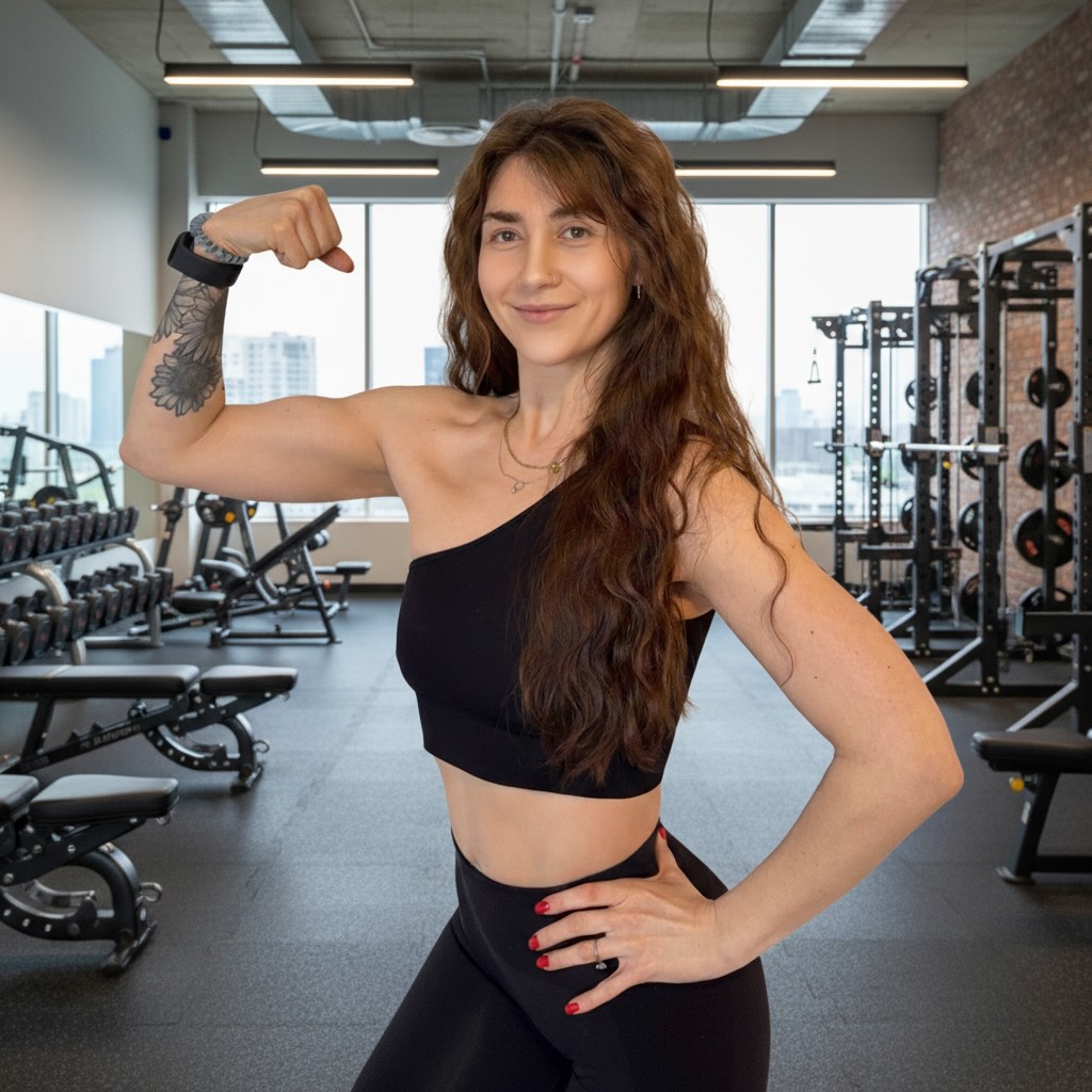 Kylee ISSA certified personal trainer in gym flexing strength